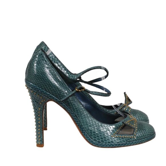 Marc Jacobs Womens Strappy Buckle Pumps US 9 EU 39 Green Python Leather Studded - Picture 8 of 11